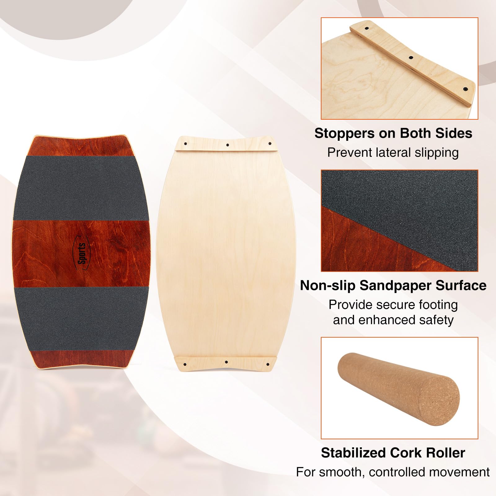 FANTASK Balance Board aus Birkenholz, 15 mm Surf Balanceboard mit 10 cm Korkrolle, Balance Trainer für Kinder & Erwachsene, Surfboard indoor für Surfen, Skifahren, Snowboarden, Skateboardtraining
