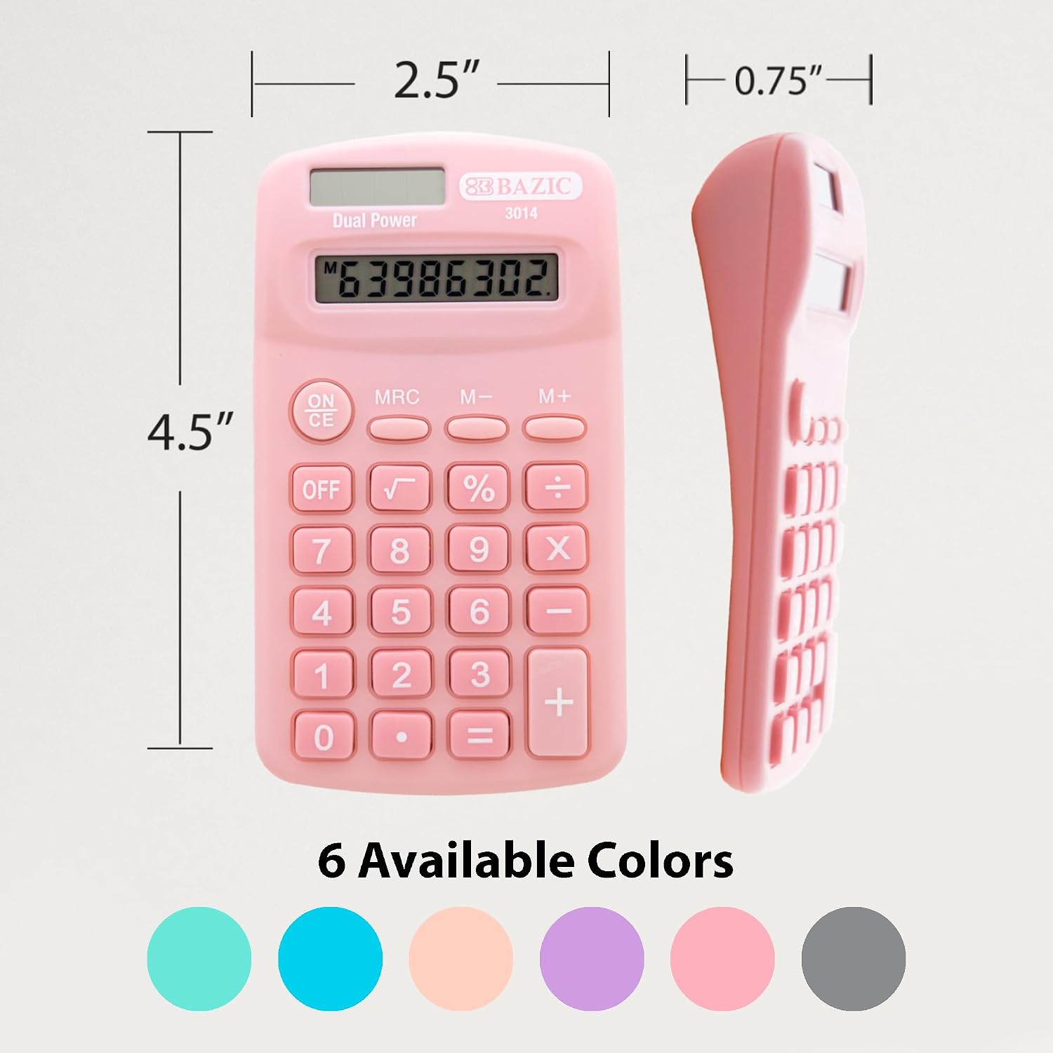 BAZIC Products 8 Digit Pocket Size Calculator, Dual Power Solar & Battery, LCD Display, Small Basic Standard Function Calculators, 1 Unit Color May Vary