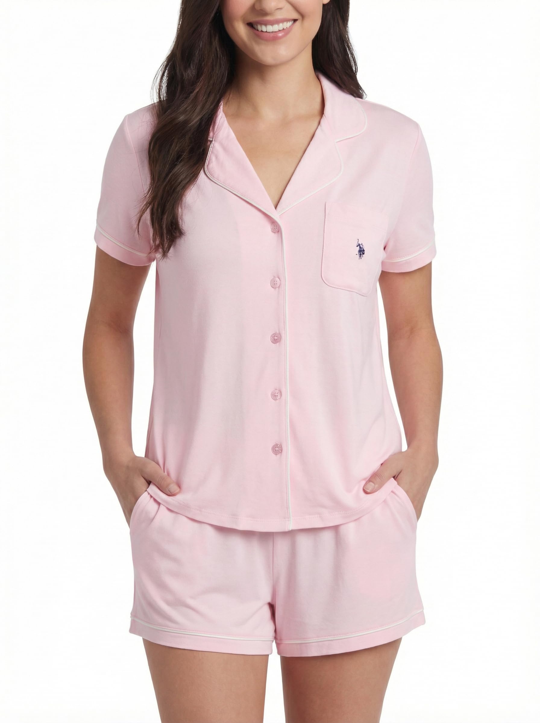 U.S. POLO ASSN. Womens Pajama Sets Shorts & Short Sleeve Button Down Top, Spring Pajamas for Women (Ballerina, Small)