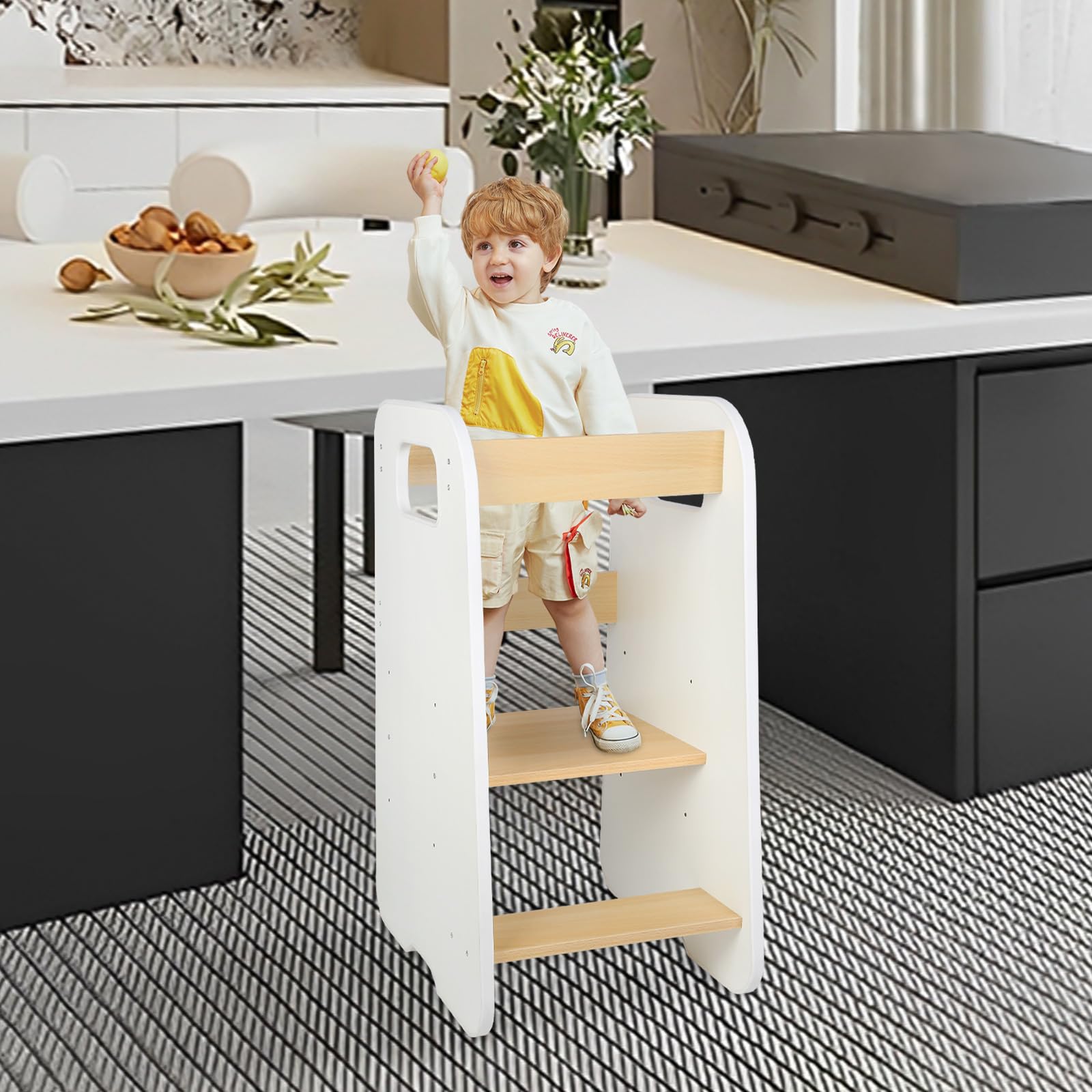 OHMG Lernturm ab 1 Jahr,aus Robuster Holz,mit Doppelter Sicherheitsbarriere,Lernturm ab 2 Jahre,Tritthocker Kinder,Lernturm Montessori,Learning Tower,Montessori Lernturm,Weißeiche