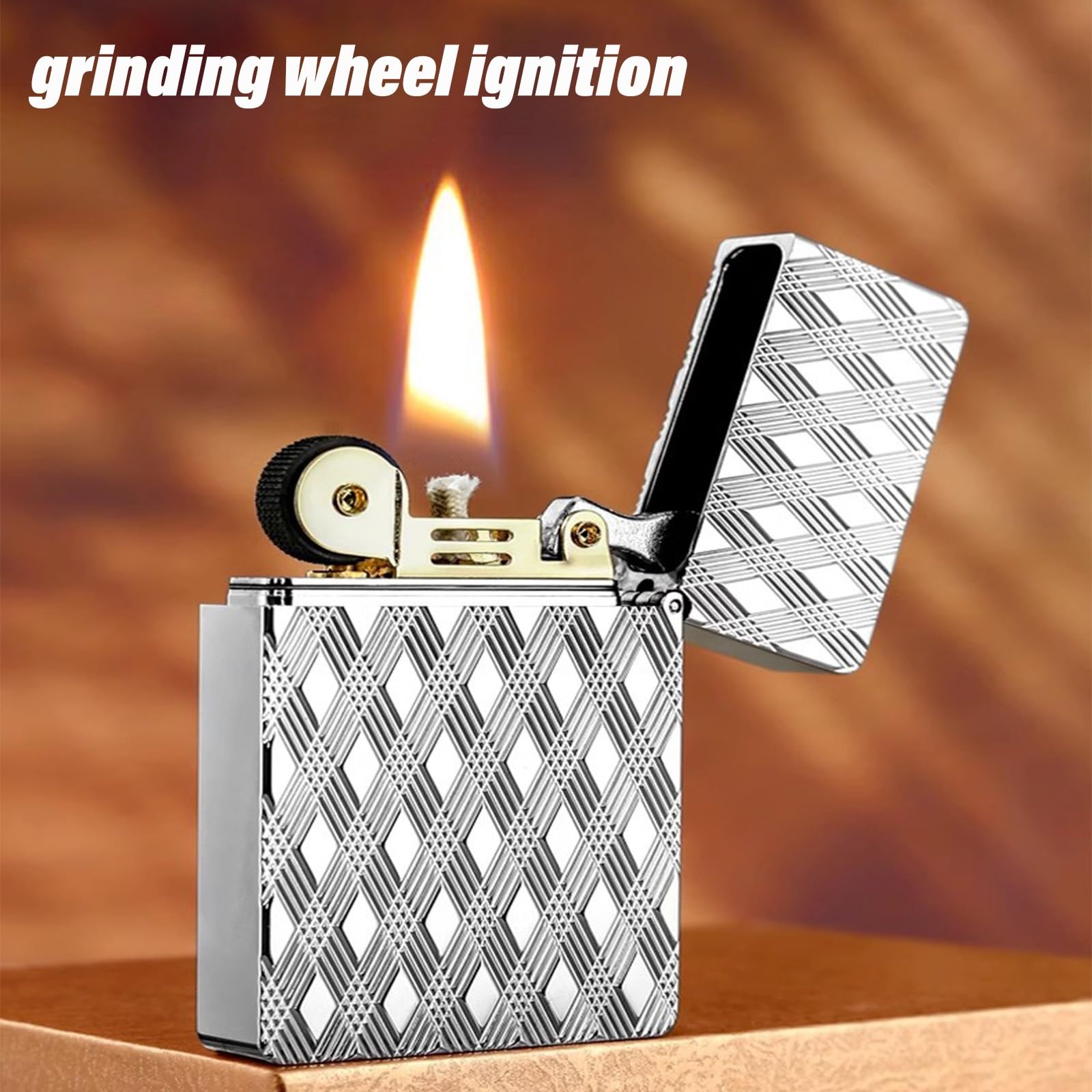 Encendedor de queroseno resistente al viento con tapa abatible, rueda de encendido vertical, diseño compacto, relieve de doble cara, regalo perfecto para hombre (combustible no incluido)