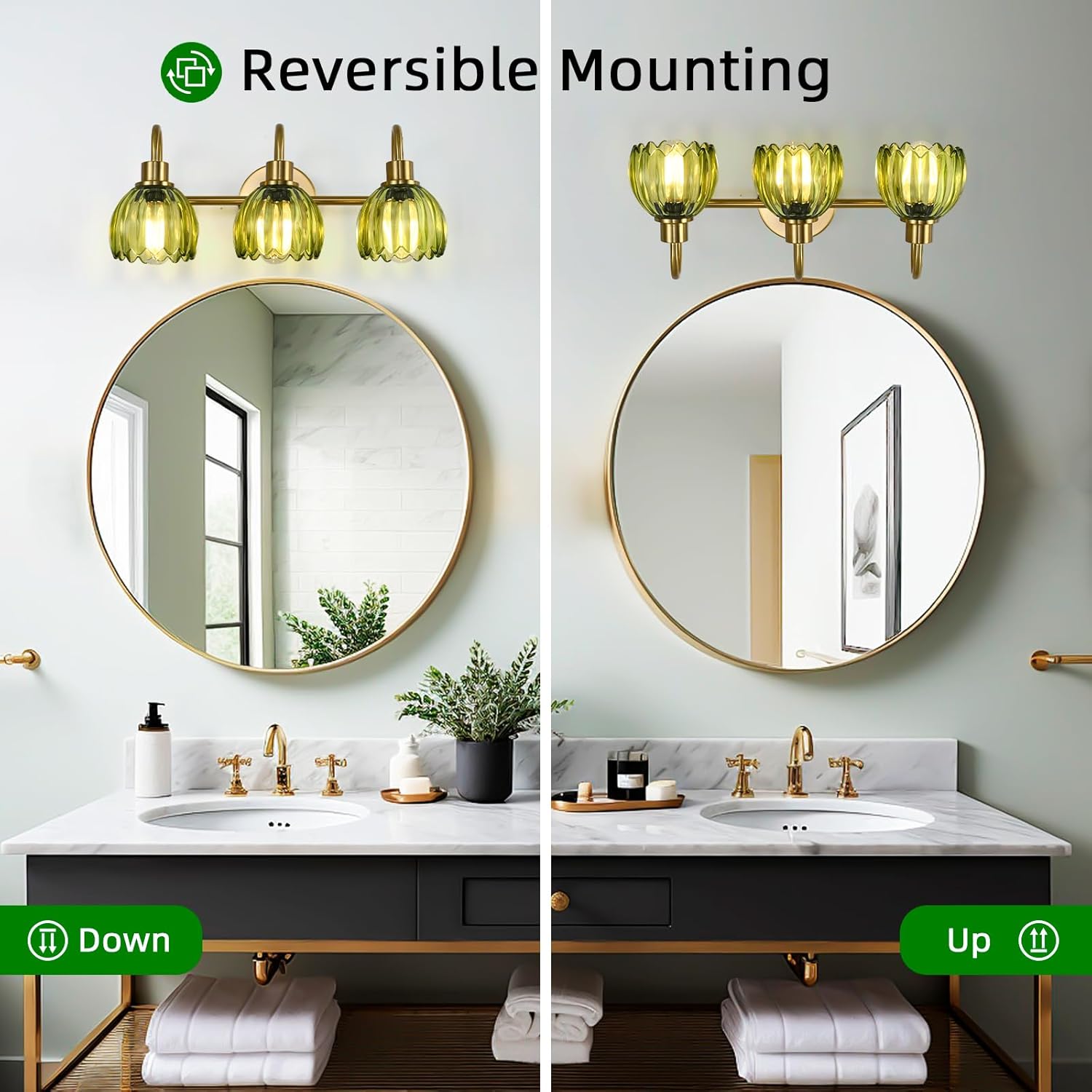 Bathroom Light Fixtures, 3-Light Brushed Gold Vanity Light Over Mirror, Modern Wall Sconces 20" with Tulip Glass Shade, Bathroom Wall Lights for Mirror Kitchen Bedroom Hallway(Green)