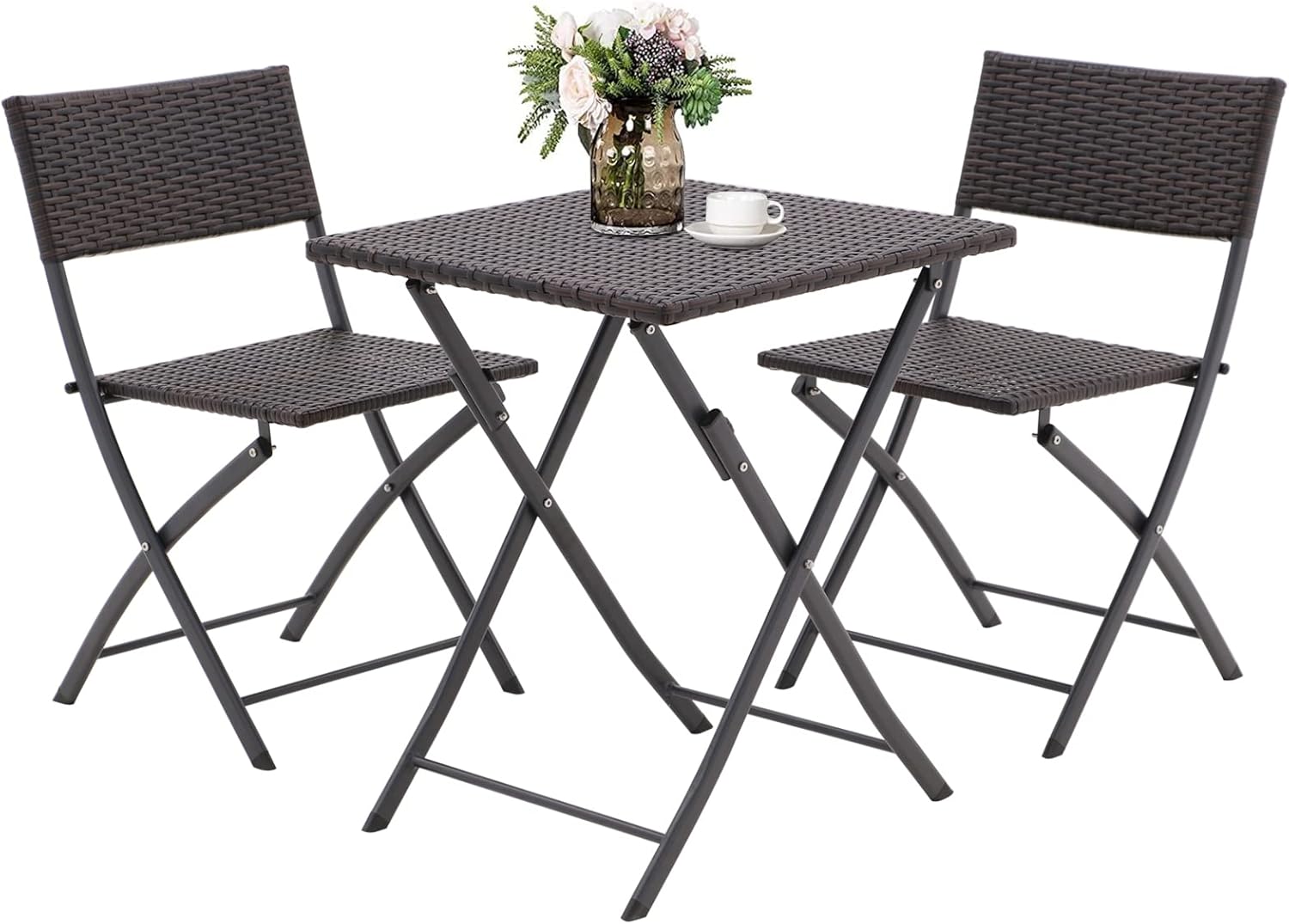 3 Pieces Outdoor Patio Bistro Set, All Weather Brown PE Rattan Patio Furniture Sets with Folding Patio Square Table and Chairs for Garden,Backyard,Balcony,Porch (Coffee)