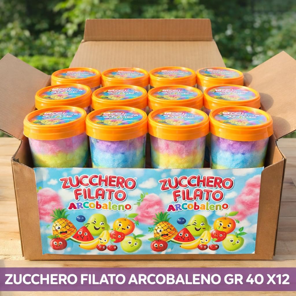 Zucchero Filato Arcobaleno Tutti Frutti Barattolo 40 g Confezione da 12 Pezzi Dolce Colorato per Feste Compleanni Eventi Bambini Buffet e Party