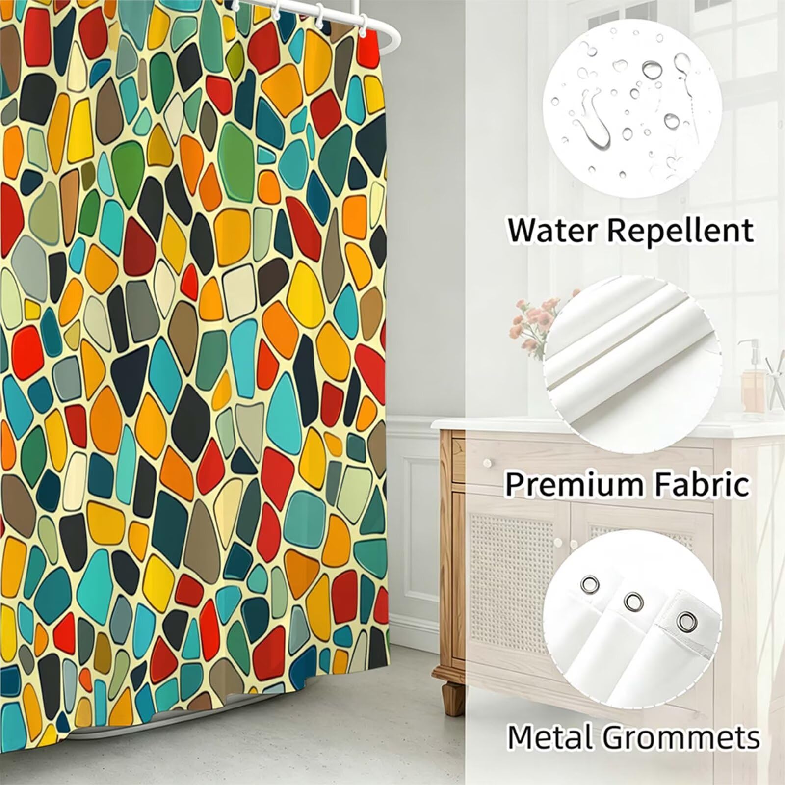 Duschvorhang bunt, Polyester Stoff aus Textil – Wasserdicht – Waschbar – Inkl 12 Ringe – Badewannenvorhang für Dusche & Badewanne, Shower Curtains 180x180cm modern J-751