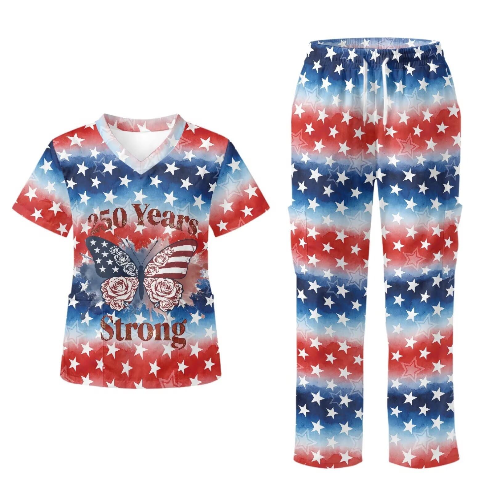 USA 250-letni damski zestaw peelingów czerwony, biały i niebieski top i spodnie patriotyczne, peelingi plus size dla kobiet, akcesoria do asystentów medycznych