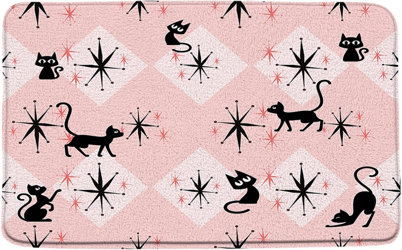 Mid Century Atomic Black Cat Bath Mat Blue Black Atomic Cat Abstract Geometric Minimalist Funny Cat Boho 1950s 60s 70s 16"x24"and 17.8"x29.5"and 16"x48" Bathroom Decor Mat/Rug