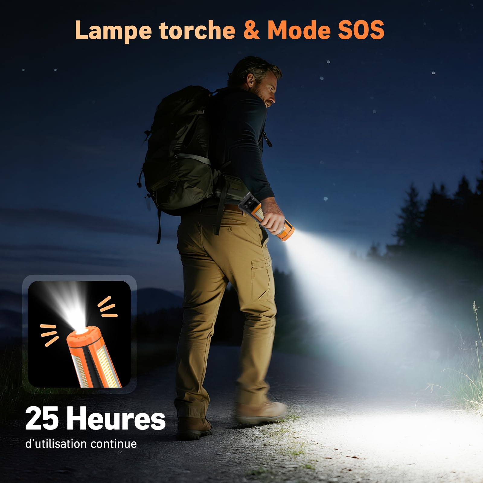 Adewalk 15000mAh Projecteur de Chantier LED Rechargeable avec Trépied, 5500LM Lampe de Camping à 3 Têtes, Étanche IP65, 5 Mode, Lampe de Travail Réglable pour Atelier, Garage, Construction(Orange)