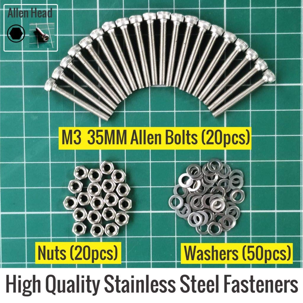 Vortex-RC M3 35MM Stainless Steel Allen Hex Socket Screw Bolt Nut & Washer Set (90 Pieces) - Aeromodelling, RC Airplanes, Multirotors, CNC Machines, 3D Printers, Robotics