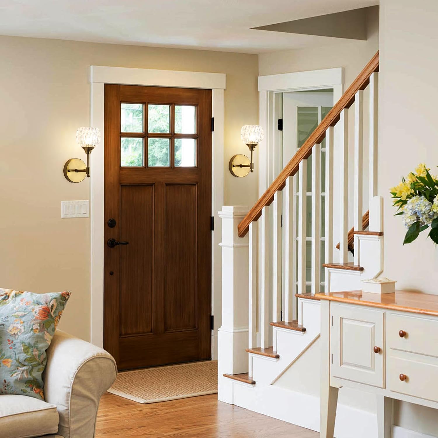 Gold Crystal Wall Sconce Set of Two, Modern Mid Century Vintage Wall Sconces with Clear Glass Shades, Bathroom Vanity Light Fixtures Industrial Brushed Brass Wall Lamp for Bedroom Mirror Living Room