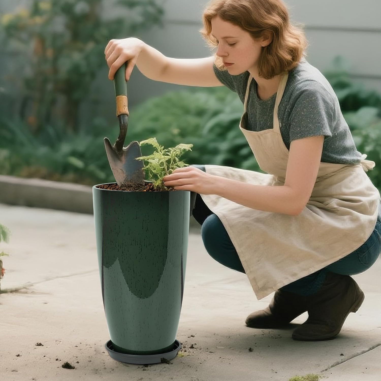 Set of 2 Lightweight Ceramic-Look Tall Planter, 21 inch Large Plastic Planter with Drain Hole & Saucers, Large Outdoor Planters for Porch, Garden, Patio, Balcony(Dark Green)