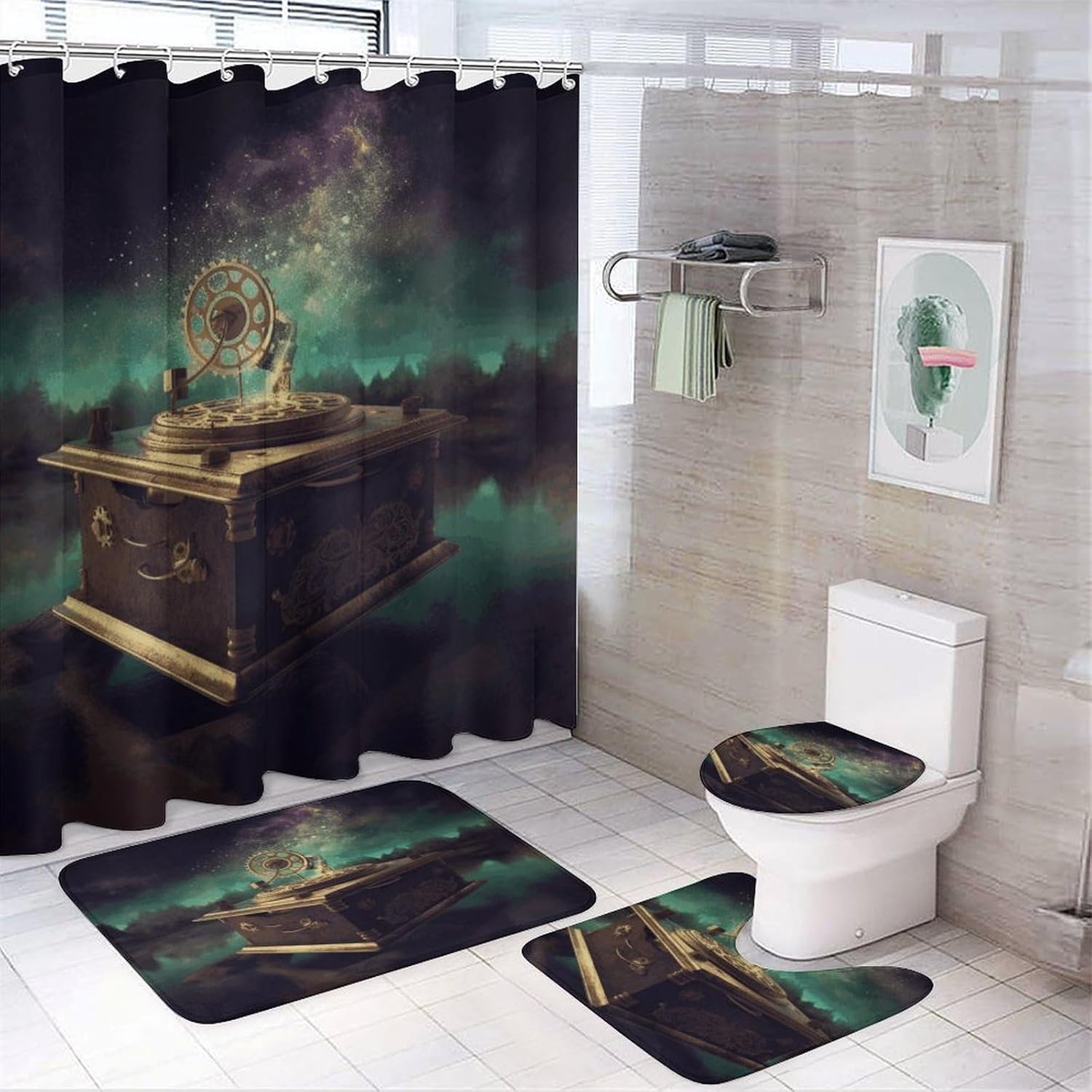 Dream Music Box 4Pcs Shower Curtain Set with Non-Slip Rugs, Toilet Lid Cover and Bath Mat,Bathroom Set Decor Accessories,Curtain Set with 12 Hooks, 72 X 72 Inch