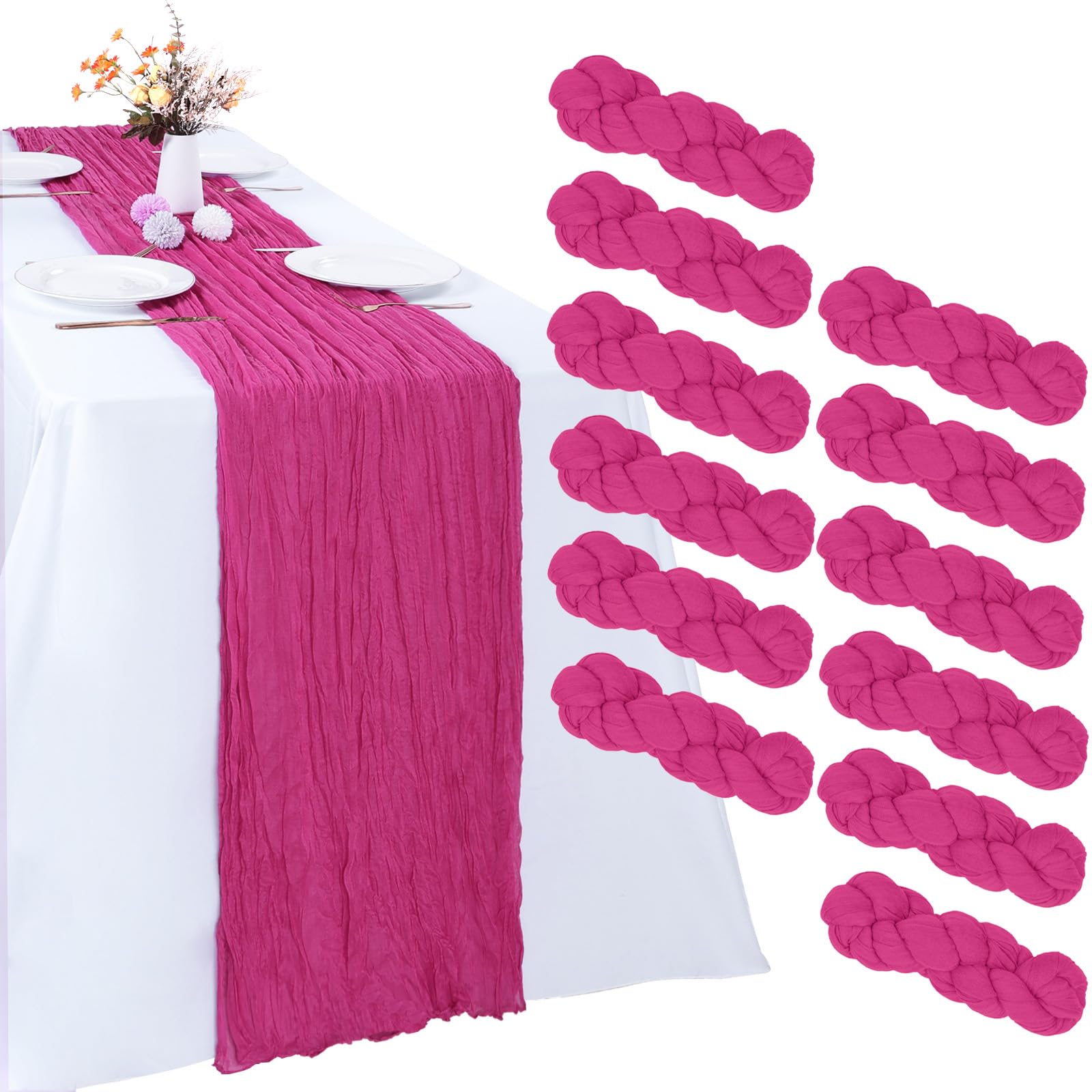 Chemin de table mousseline rose vif x12 pour decoration de table mariage champetre
