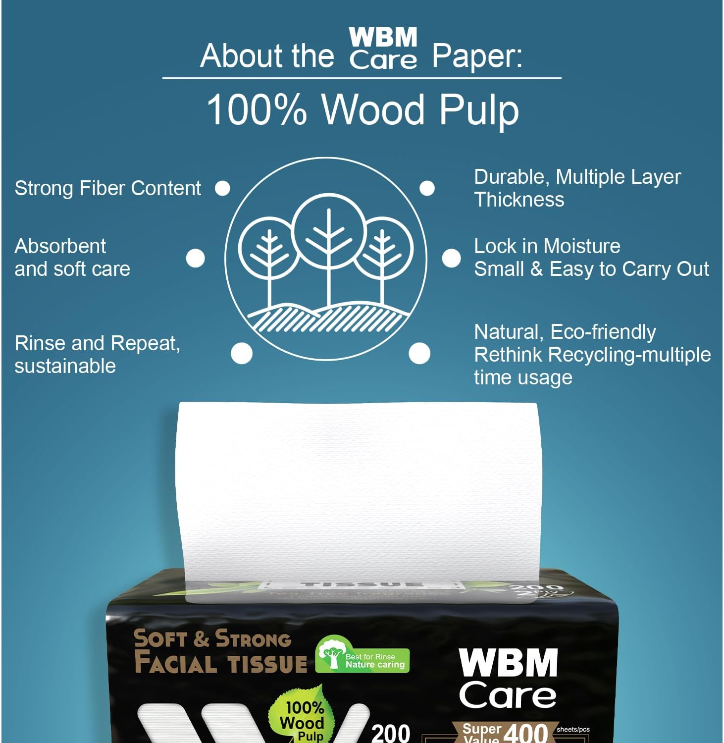 WBM Care 2-Ply Facial Tissues with Tea Tree Fragrance - 200 Sheets, Pack of 50 (10000 Total) Ultra Soft, 100% Natural Best for Rinse