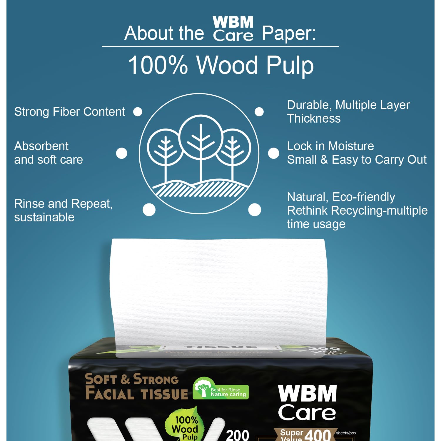 WBM Care 2-Ply Facial Tissues with Tea Tree Fragrance - 200 Sheets, Pack of 10 (2000 Total) Ultra Soft, 100% Natural Best for Rinse