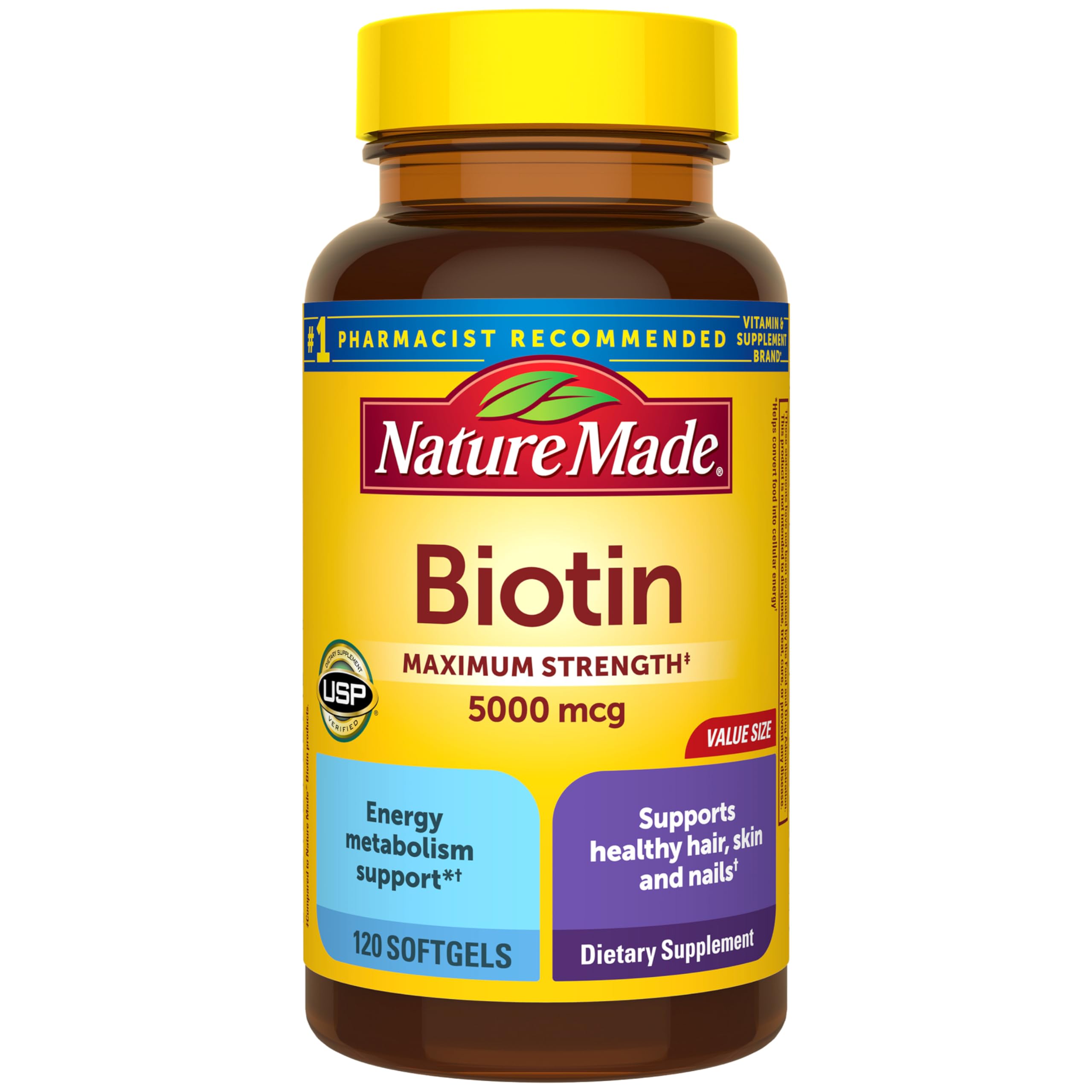 Maximum Strength Biotin 5000 mcg, Dietary Supplement may help support Healthy Hair, Skin & Nails, 120 Softgels