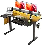 OffiGo U Bureau électrique avec plateau à clavier, 48 Bureau réglable en hauteur de pouce avec sorties d'alimentation & LED Lumières, Table assise avec plateau de moniteur pour la maison, bureau, noir