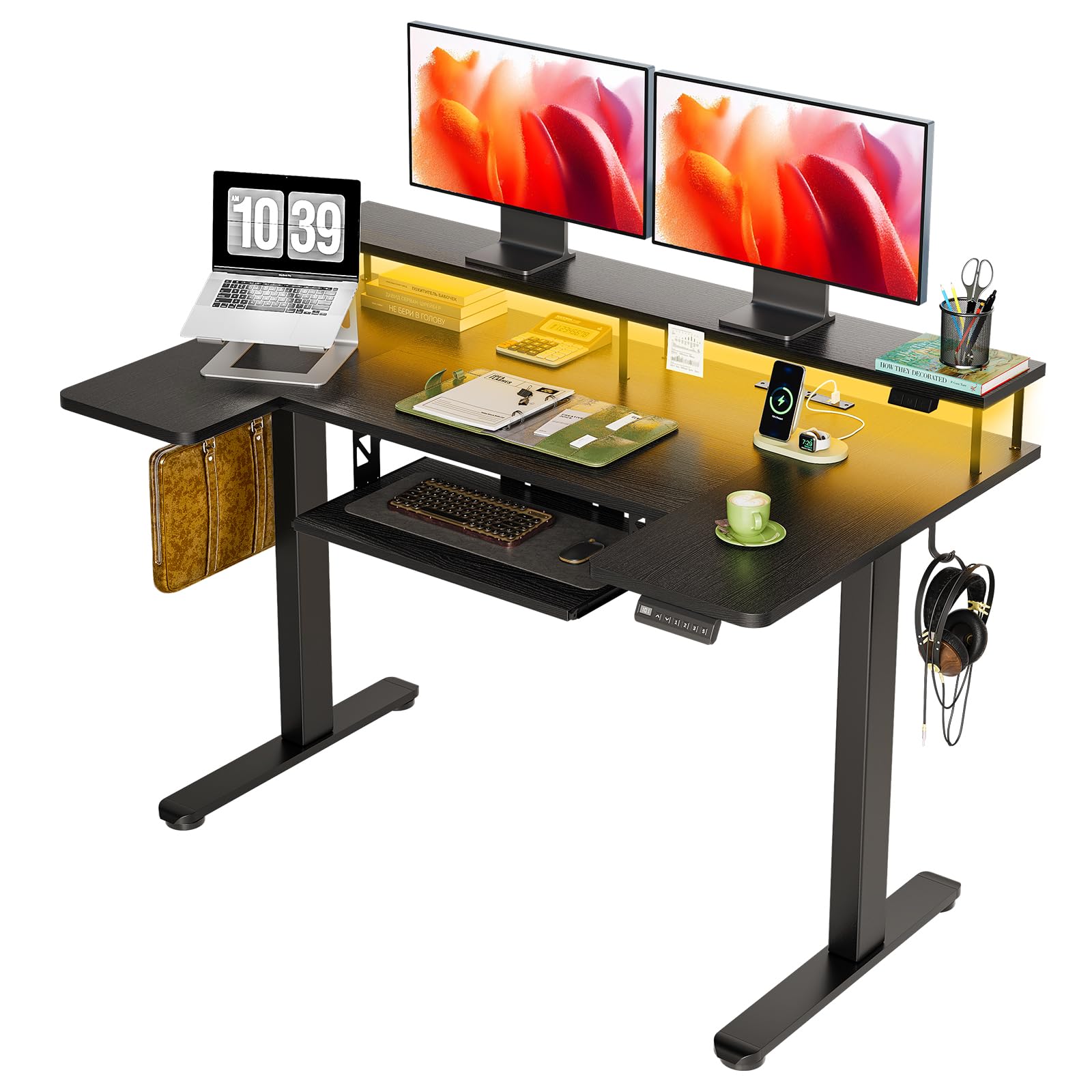 OffiGo U Shaped Electric Standing Desk with Keyboard Tray, 55 Inch Height Adjustable Desk with Power Outlets & LED Lights, Sit Stand Table with Monitor Stand for Home, Office, Black