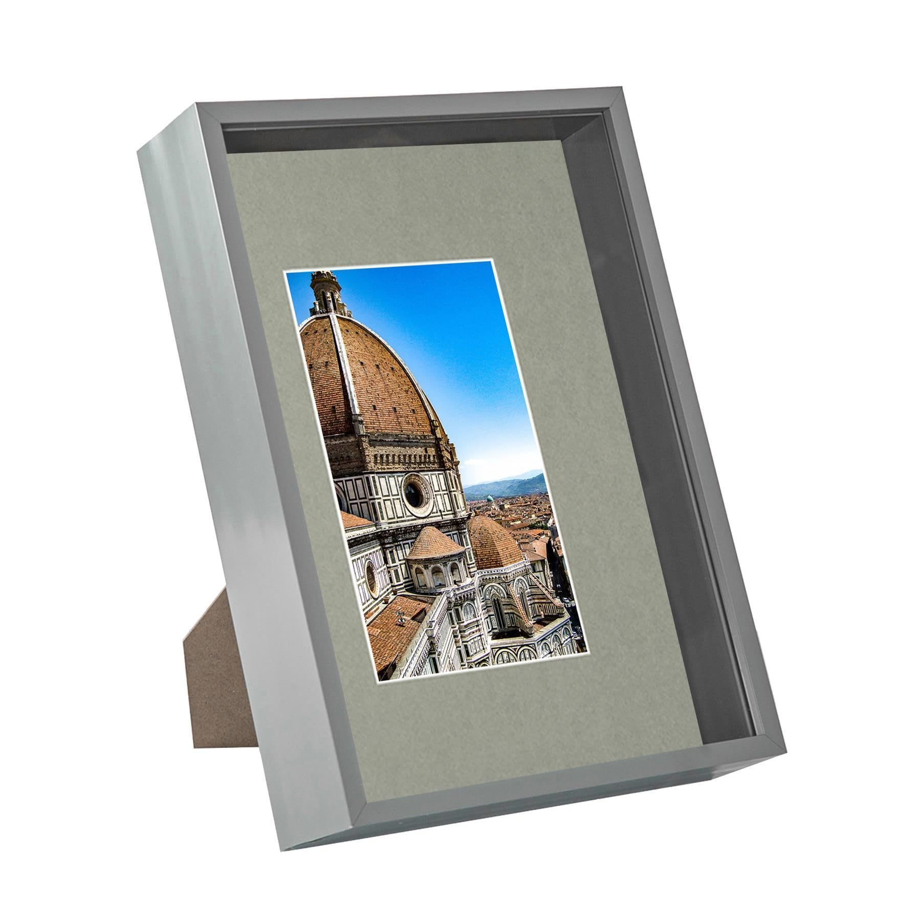 Nicola Spring A4 3D Deep Box Frame - Grey Acrylic Photo Frame - 8" x 12" with A5 Mount