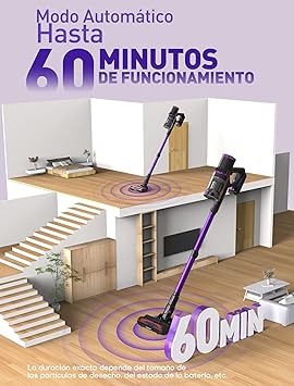 QEXREED Aspiradora Sin Cable 500W/ 45000pa/ 60mins, Motor sin escobillas Duradero, Modo Automático Aspiradora Escoba Sin Cable, Filetr De 7 Etapas, V Rodillo Anti-ángulo, Batería Extraíble2