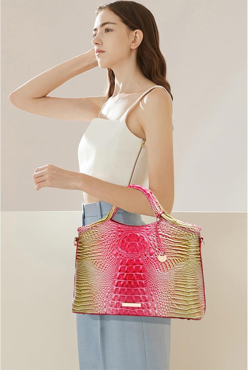 Crocodile Pattern Gradient Top Handle Satchel Large Capacity Tote Bag Casual Versatile Commuter Bag Leather | Crocodile Pattern, Gradient, Top Handle, Large Capacity, Casual, Versatile - Image 2