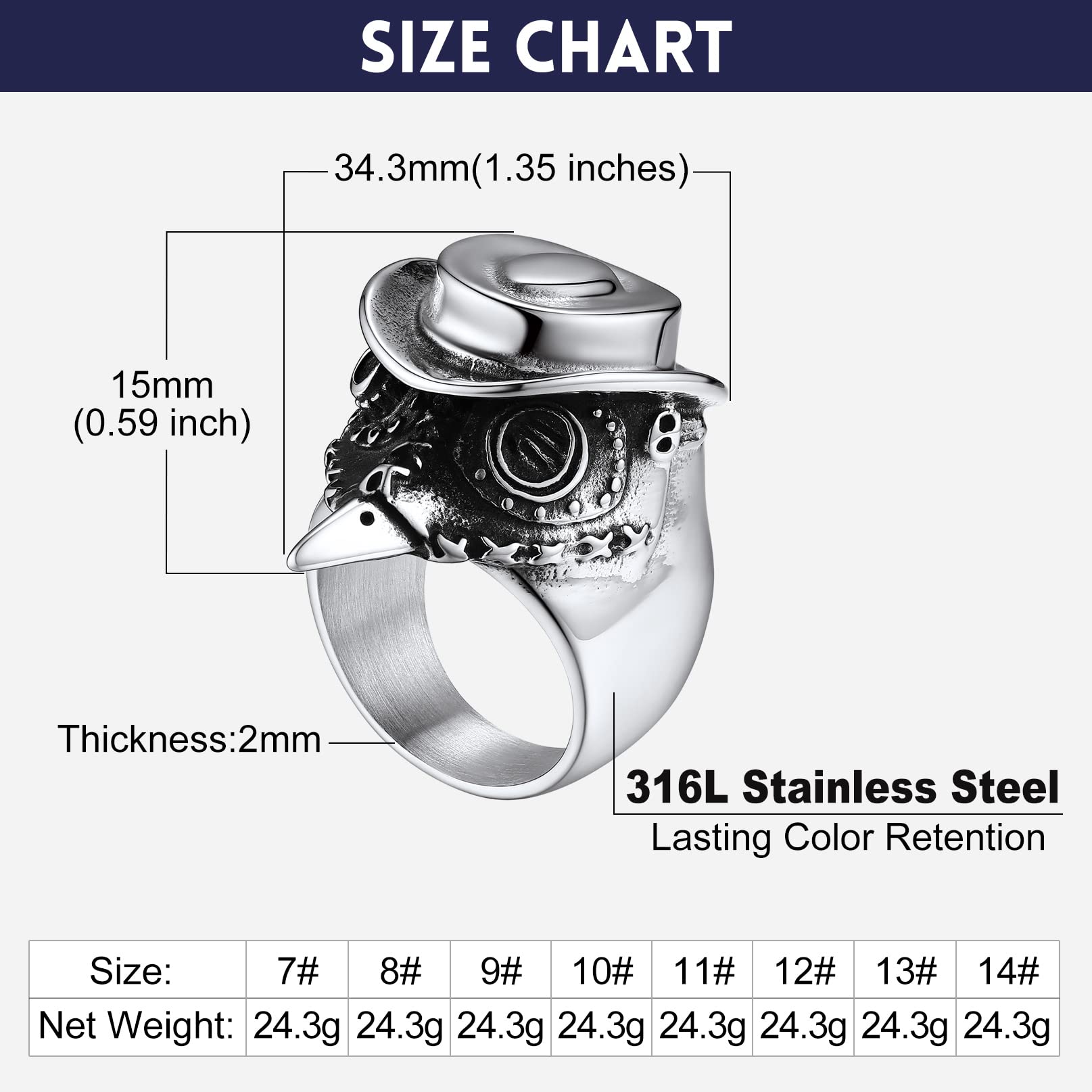 Bandmax Anillo Grande Máscara Médico de la Plaga, Estilo Gótico Steampunk Joyería para Disfraz Halloween