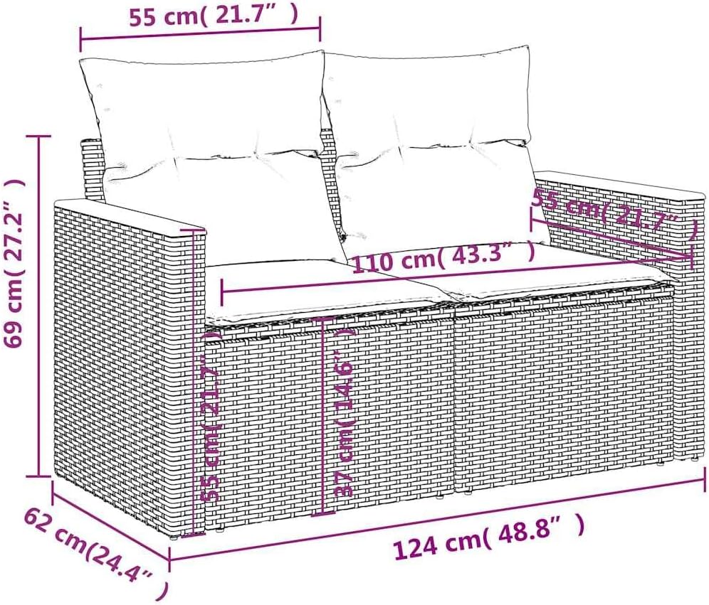 2-Seater Outdoor Loveseat Sofa Black PE Rattan with Acacia Wood Armrests for Patio Garden Balcony