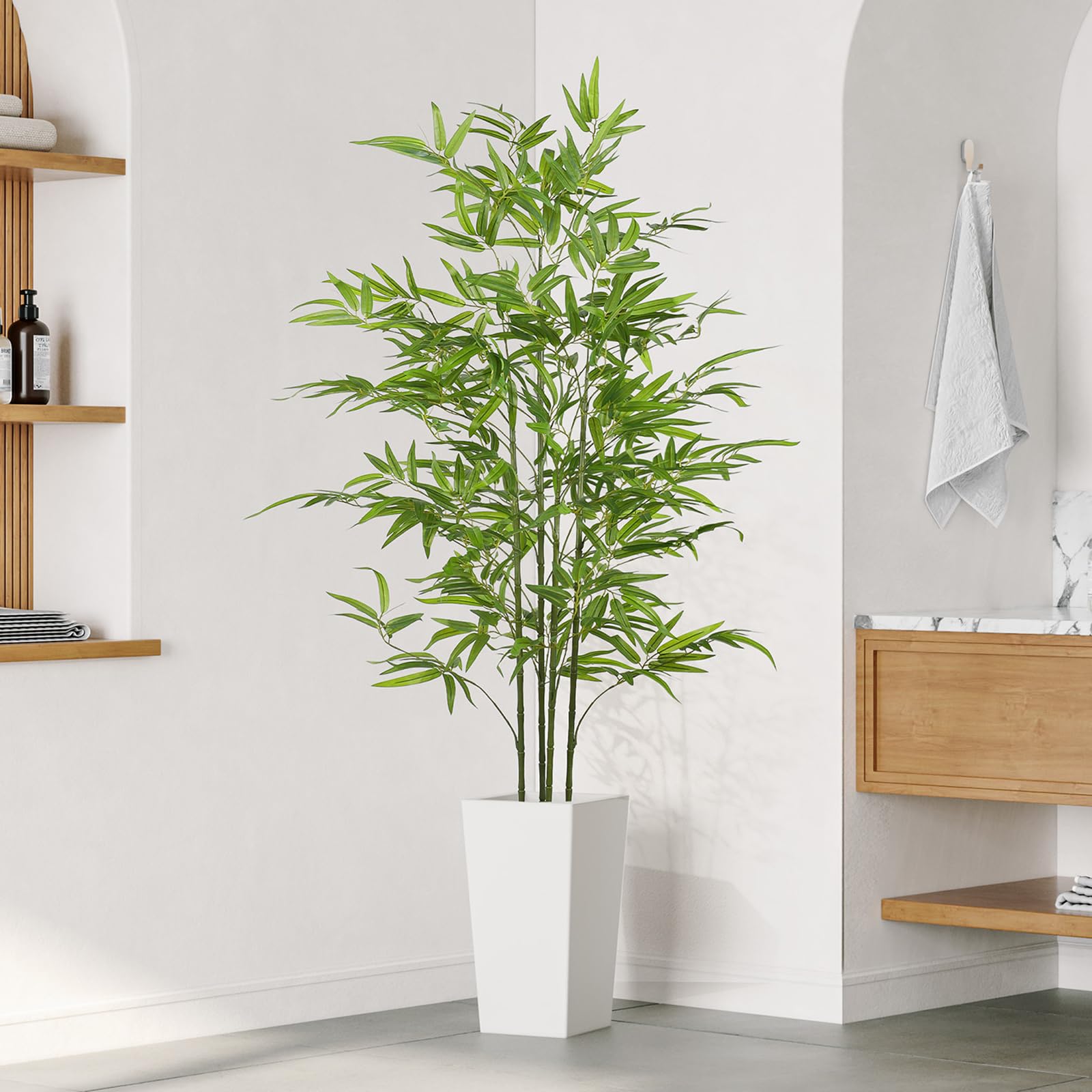 YOLEO 5.5FT Artificial Bamboo Tree with White Tall Planter, Lifelike Fake Silk Tree Indoor, Faux Bamboo Tall Plant for Living Room Bedroom Balcony Corner Office Decor