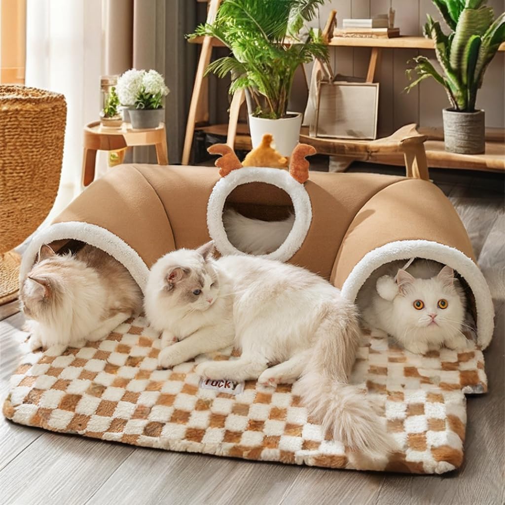 Cama túnel para gatos con juguetes de bolas de felpa, cueva Peekaboo para gatitos de interior, alfombrilla de juego suave extraíble, diseño lavable, ideal para gatos, cachorros y conejos