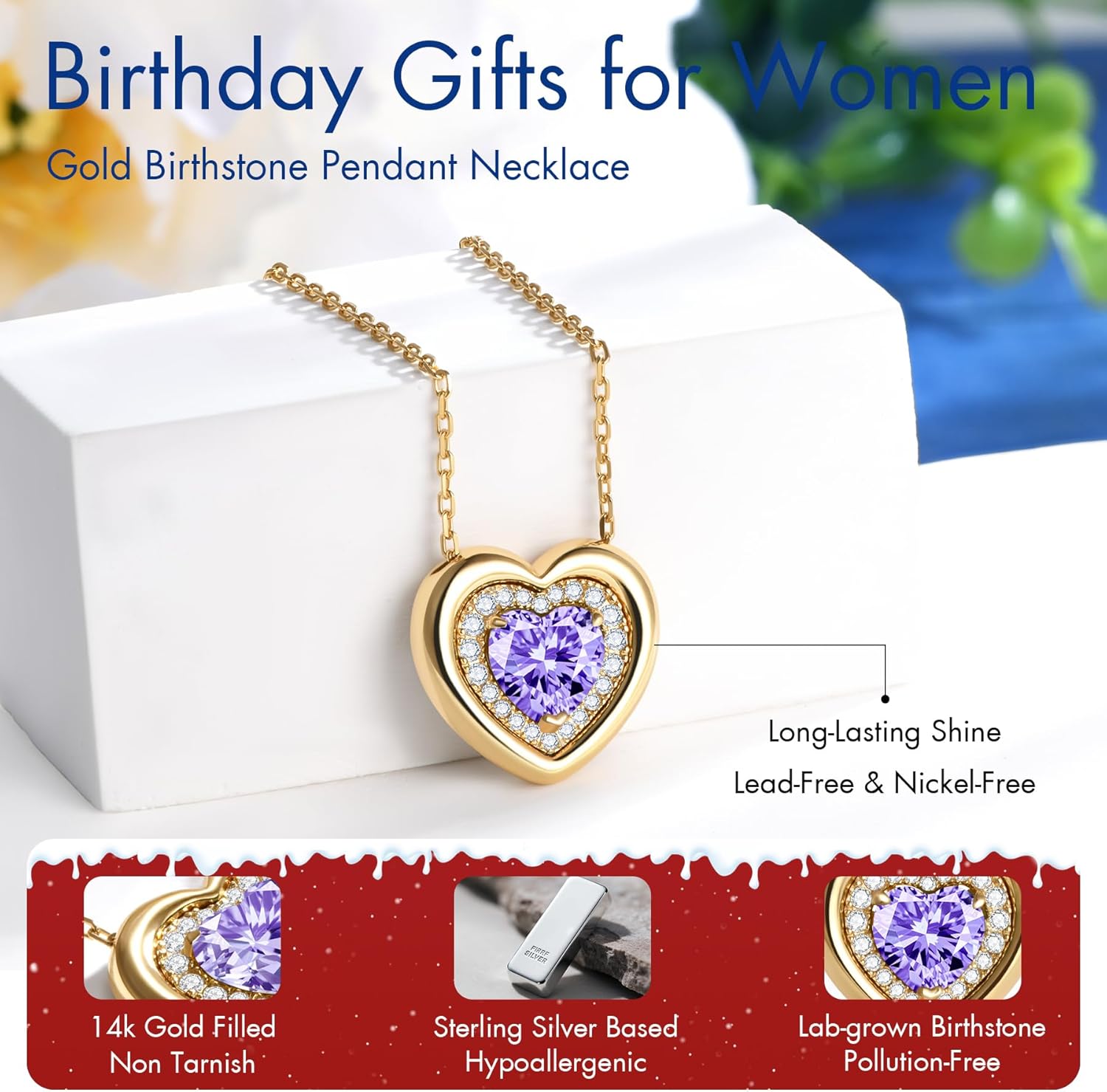 Kstyle Valentine's Day Gifts for Women - 14K Gold Filled 925 Sterling Silver Heart Birthstone Pendant Necklaces, Anniversary Birthday Jewelry Gifts for Wife Daughter Mom Grandma, Non Tarnish 16"+2" - Image 5