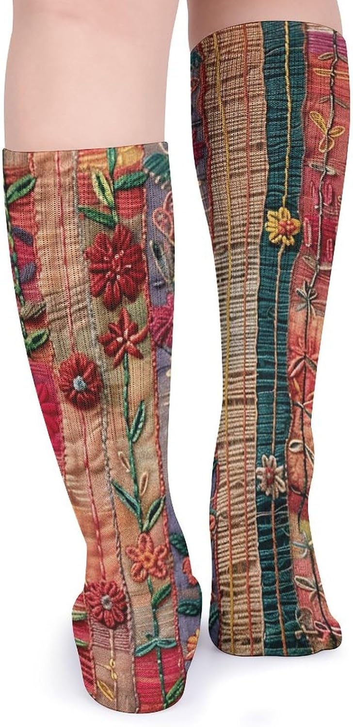 Breathable Crew Sock, Moisture Wicking, Athletic Calf Socks, Cozy | Color Embroidered Cloth Compression Socks for Women Men, Lightweight High Work Socks for Business, Casual