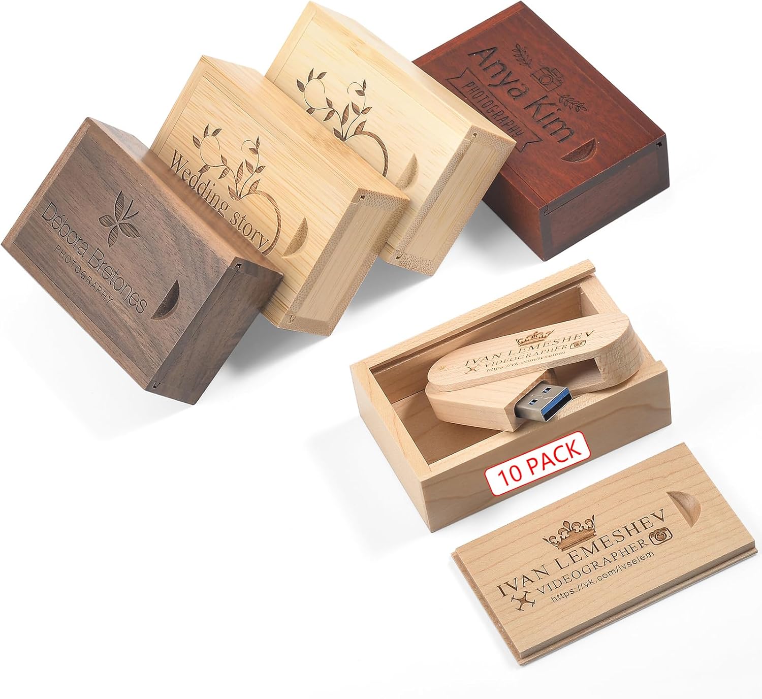 Custom Wood USB 3.0 Flash Drive with Wooden Box, Wedding Thumb Drive with Exquisite Linen Bag, Personalized Swivel USB Stick, Engraved Your Logo & Text for Graduation/Company/Photography (8GB 10Pcs)