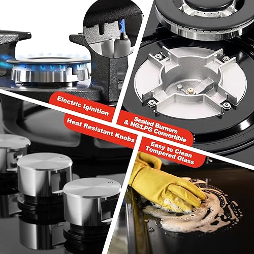 Miniatura 6 de Estufa de Gas de 5 Quemadores 76cm, Estufa de Cocina de Gas Integrada con Kit de Conversión NG/LPG, Quemador de Gas de Tapa de Vidrio (76cm x 52cm)