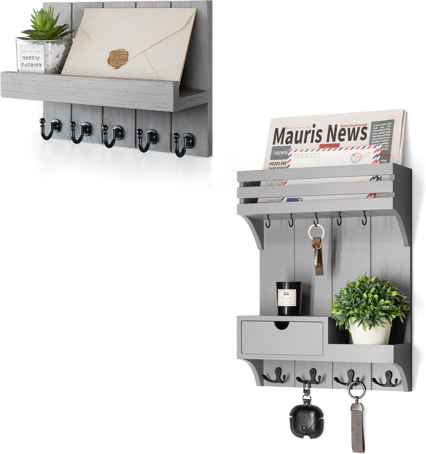 Rebee Vision Modern Mail Organizer Wall Mounted Set – Key Holder Wall Mount with Mini Drawer Organizer & Floating Shelf for Home Decor – Stylish Apartment Essentials (Gray)