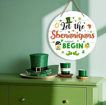 St Patricks Day Door Decorations Let the Shenanigans Begin Door Sign Shamrock Wreath Hanging Sign for Front Door Farmhouse St Patricks Day Door Hanger for Home Party Porch Wall Indoor Decor