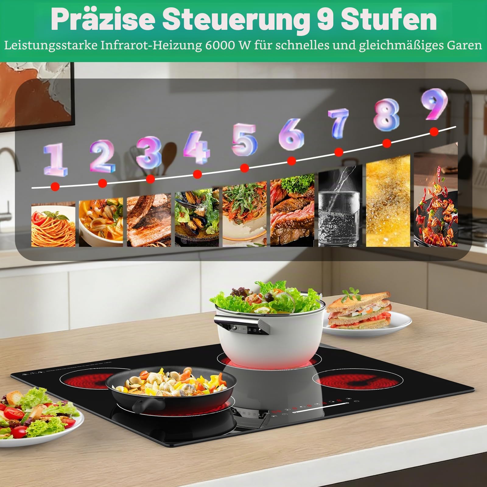 60 cm Glaskeramik Kochfeld 4 Zonen, 6000W Elektro-Cerankochfeld Einbau, Slider Touch Bedienung, Einkreis-Kochzonen, Ohne Stecker Festanschluss, 560×490 mm