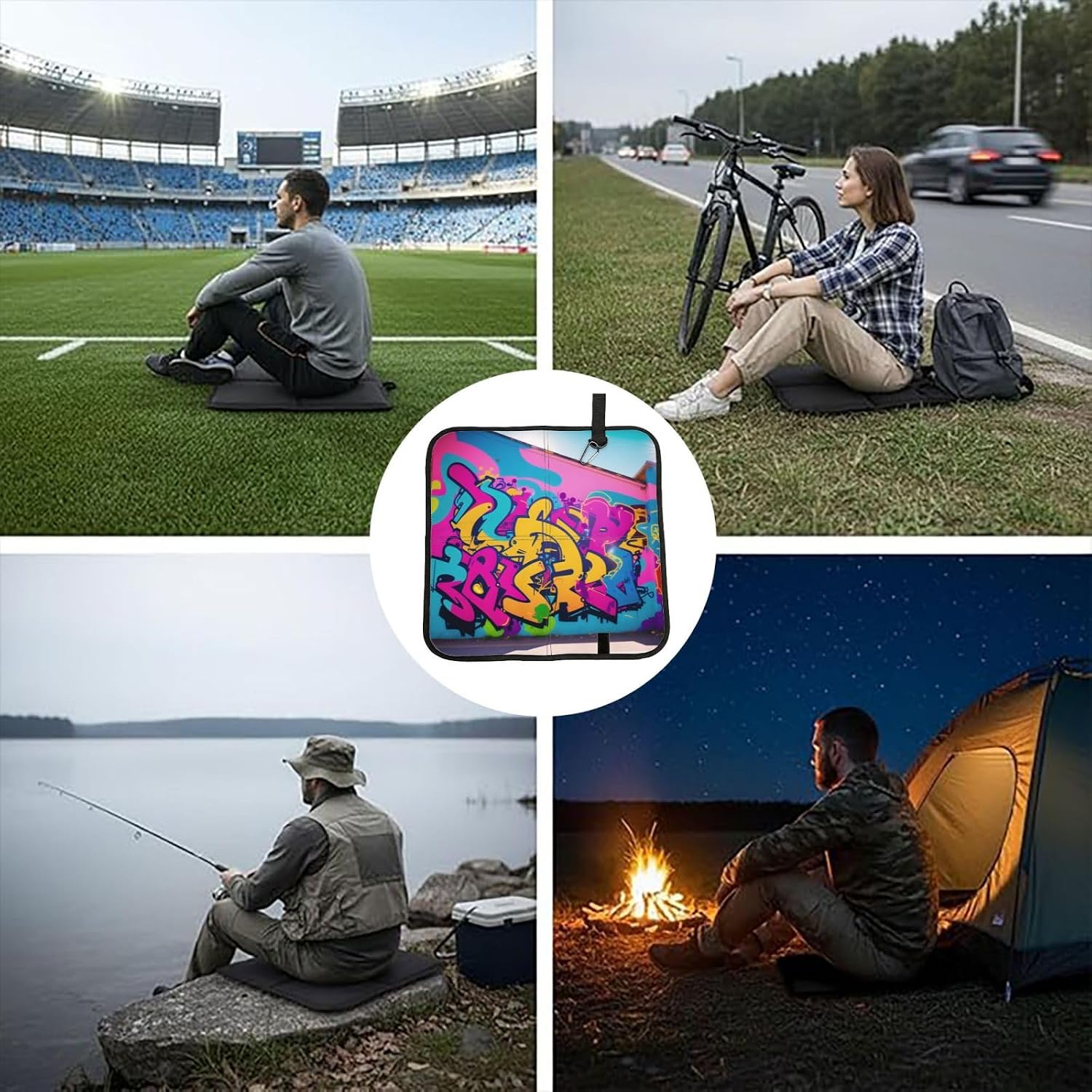 (Graffiti Wall) Sitting Pad Foldable Seat Cushion Lightweight Camping Seat Mat with Hook for Outdoor Hiking Picnic Camping