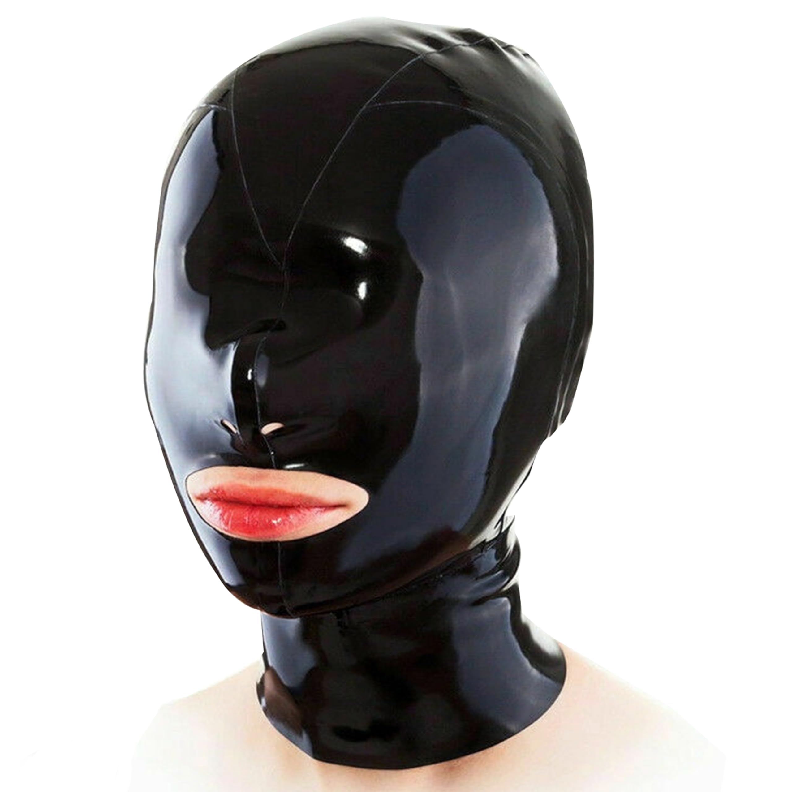 MFMYEE Bondage-Latex-Maske, BDSM-Maske, Fetisch-Kopfbedeckung, Latex Cosplay,Reißverschluss hinten, Mund mit verbundenen Augen (schwarz)