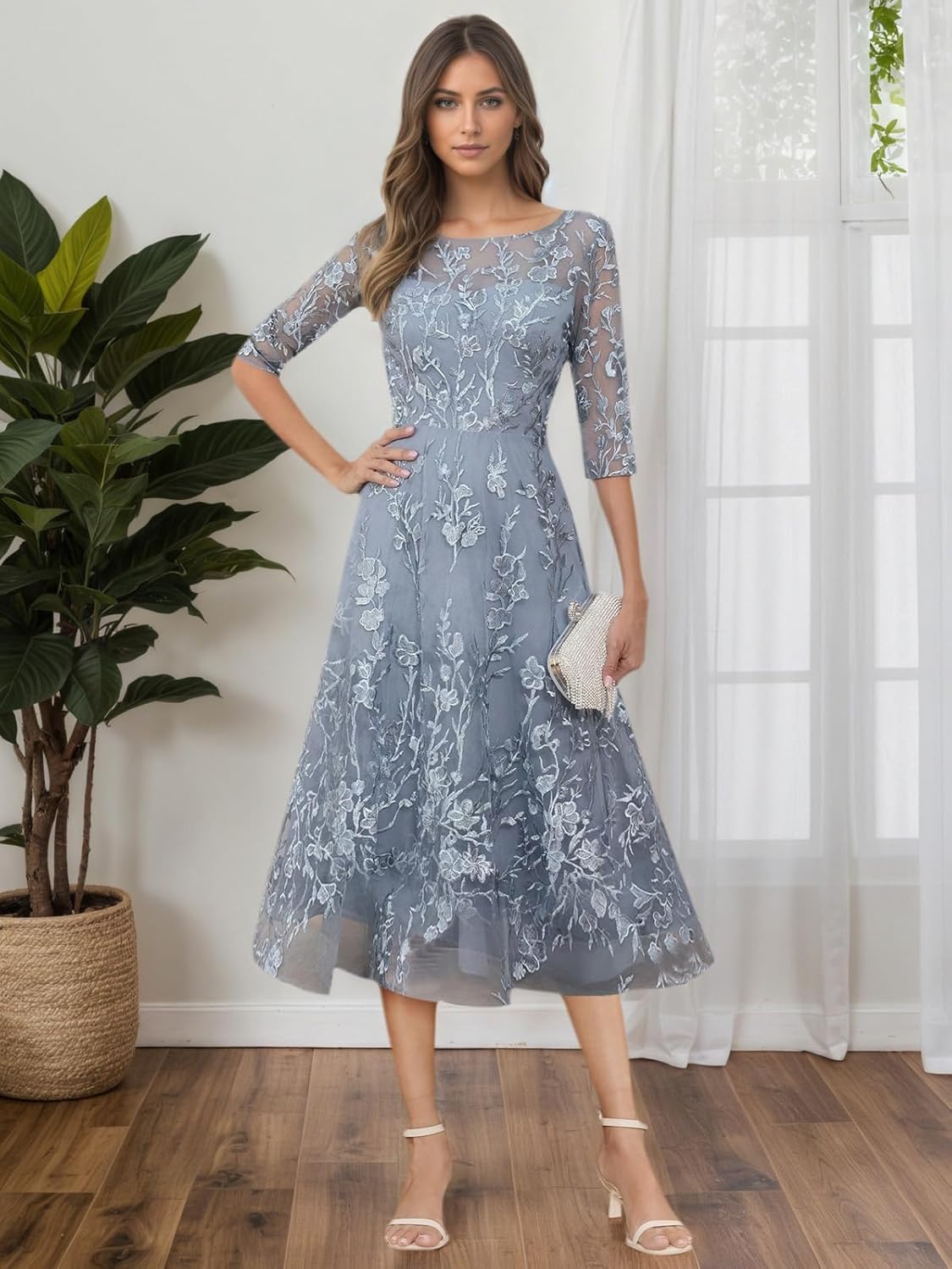 Tea Length Mother of The Bride Dresses 3/4 Sleeve Lace Tulle Scoop Neck Formal Evening Gowns - Image 2