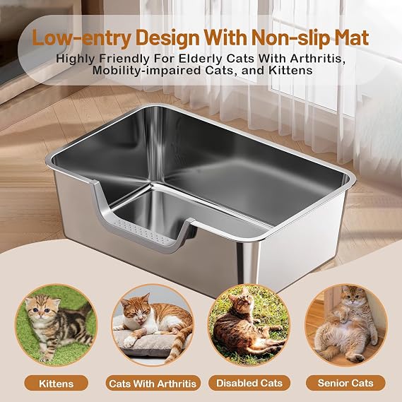 Stainless Steel Cat Litter Box, Steel Litter Pan with Curved Low Entry, Leak Proof 6 Inch High Side for Urine, Easy Entry for Kittens Older Cats, No Slip, 17.7 x 13.8 x 6, Silver