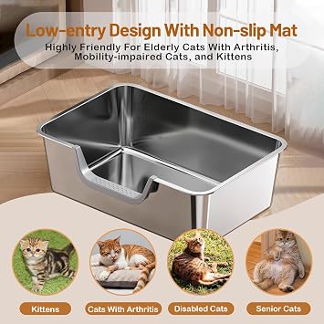 Stainless Steel Cat Litter Box, Steel Litter Pan with Curved Low Entry, Leak Proof 6 Inch High Side for Urine, Easy Entry for Kittens Older Cats, No Slip, 17.7 x 13.8 x 6, Silver