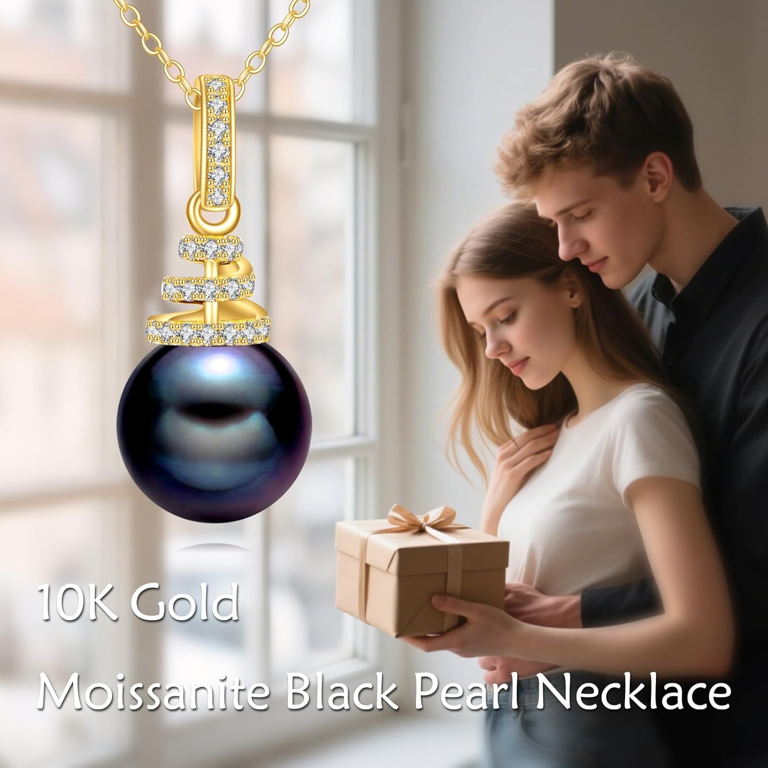 10K Solid Gold Tahitian Black Pearl Necklace for Women, Yellow Gold Moissanite 9mm Black Pearl Pendant, Pearl Jewelry Gift Anniversary Birthday Christmas for Her, 16 +2 "