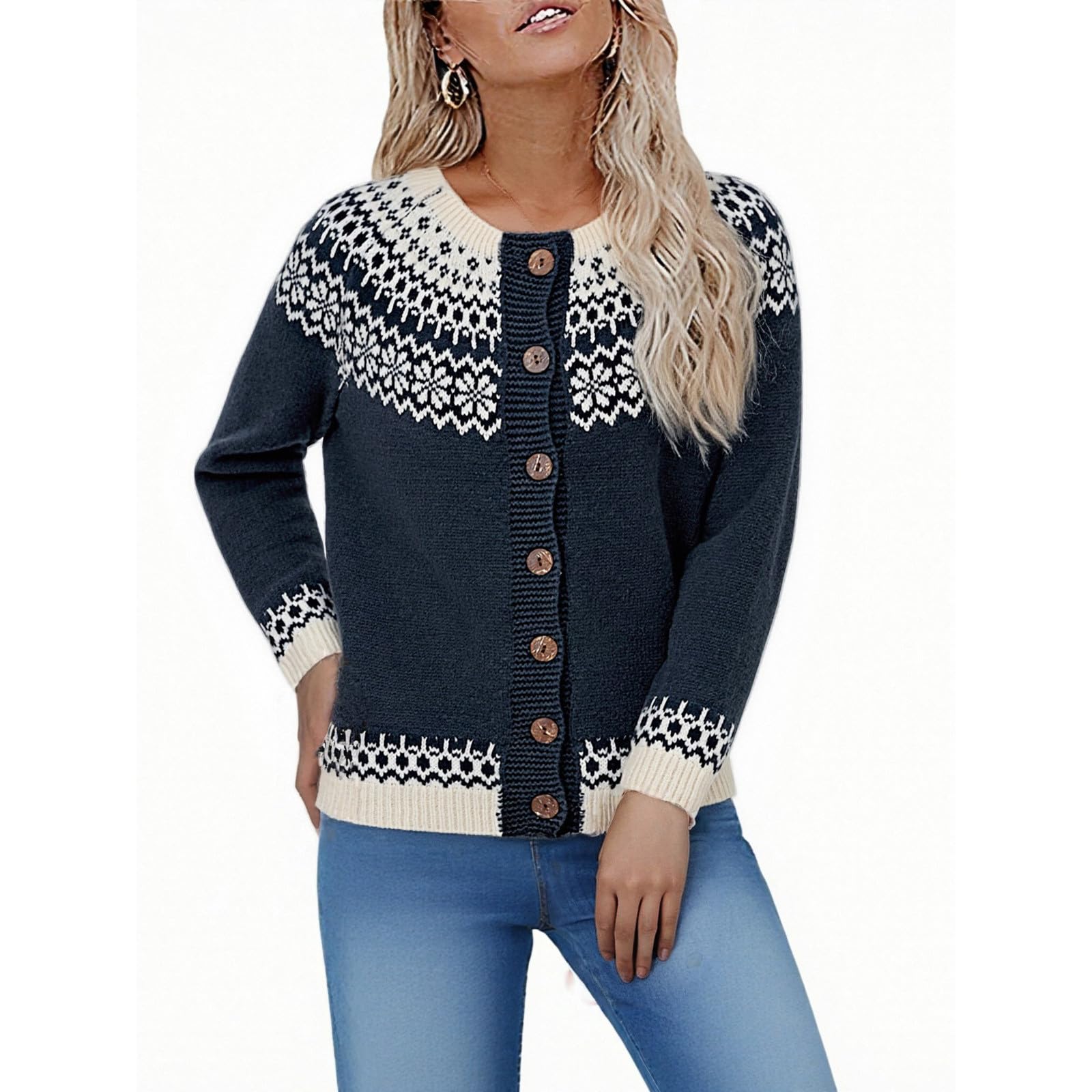 Womens Fair Isle Cardigan Coat Long Sleeve Crewneck Button Front Sweater Coats Fall Vintage Warm Fashion Outerwear