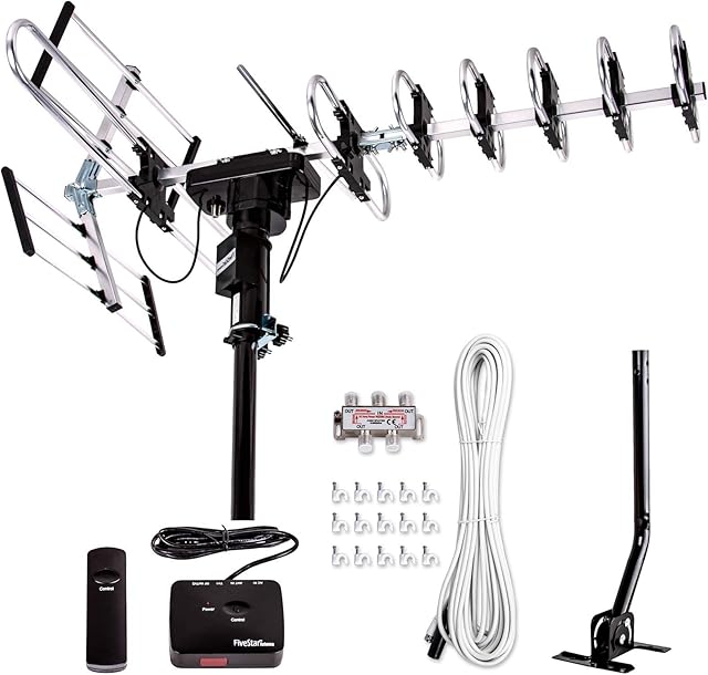 [Newest 2020] Five Star Outdoor Digital Amplified HDTV Antenna - up to 200 Mile Long Range,Directional 360 Degree Rotation,HD 4K 1080P FM Radio, Supports 5 TVs Plus Installation Kit and Mounting Pole