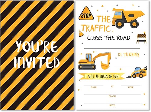 Lindas invitaciones de cumpleaños con temática de construcción con sobres, juego de 20 invitaciones de fiesta de cumpleaños de niños de construcción