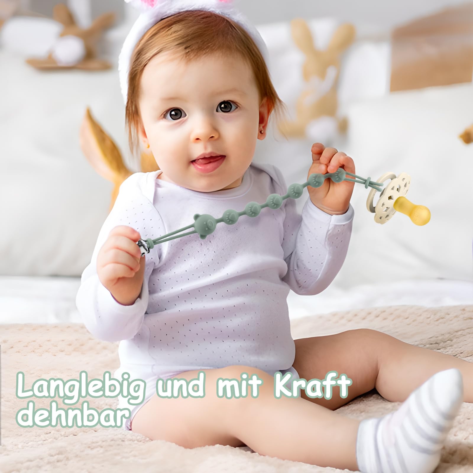 Attache Tétine Silicone Lot de 3, Chaîne Sucette Bébé sans BPA, Pacifier Clip (Gris Clair + Vert + Kaki)