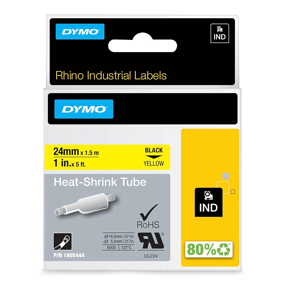 DYMO Rhino Industrial Heat-Shrink Labels, 1" Tube, Black Print on Yellow
