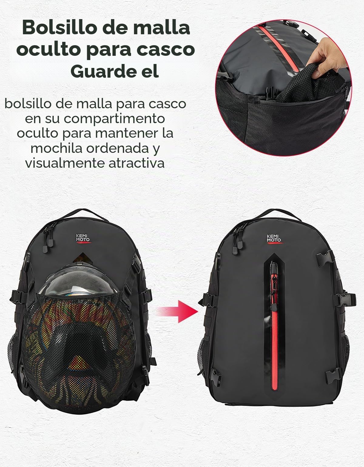 KEMIMOTO Mochila Casco de Moto, Bolsa de 35L con Red Oculta, Soporte Grande para Cascos