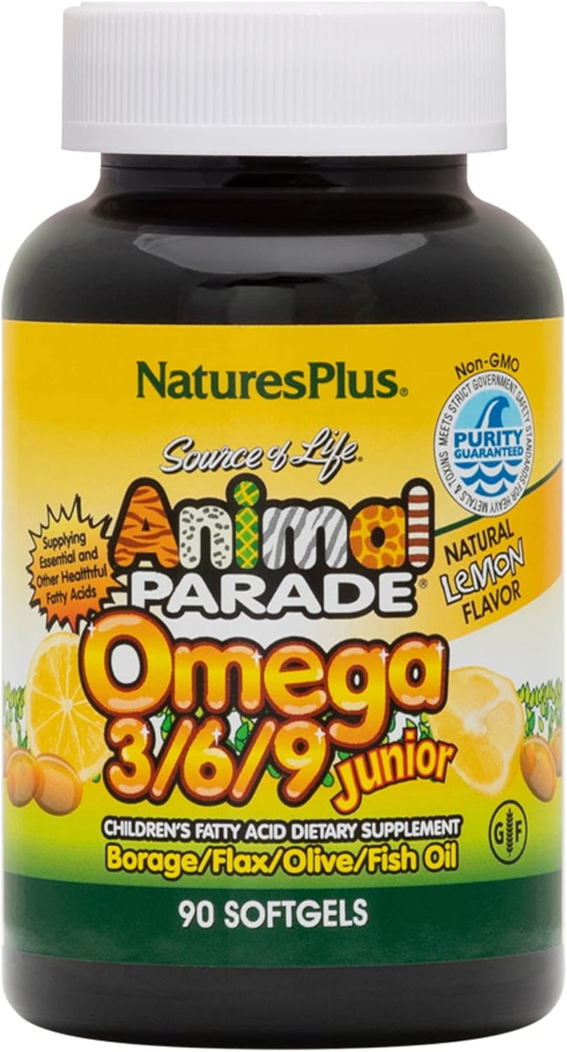 NaturesPlus Animal Parade Source of Life Omega 3 6 9 Junior - Lemon Flavor - 90 Softgels - Children's Fatty Acid Dietary Supplement - Non-GMO, Gluten-Free - 45 Servings : Health & Household