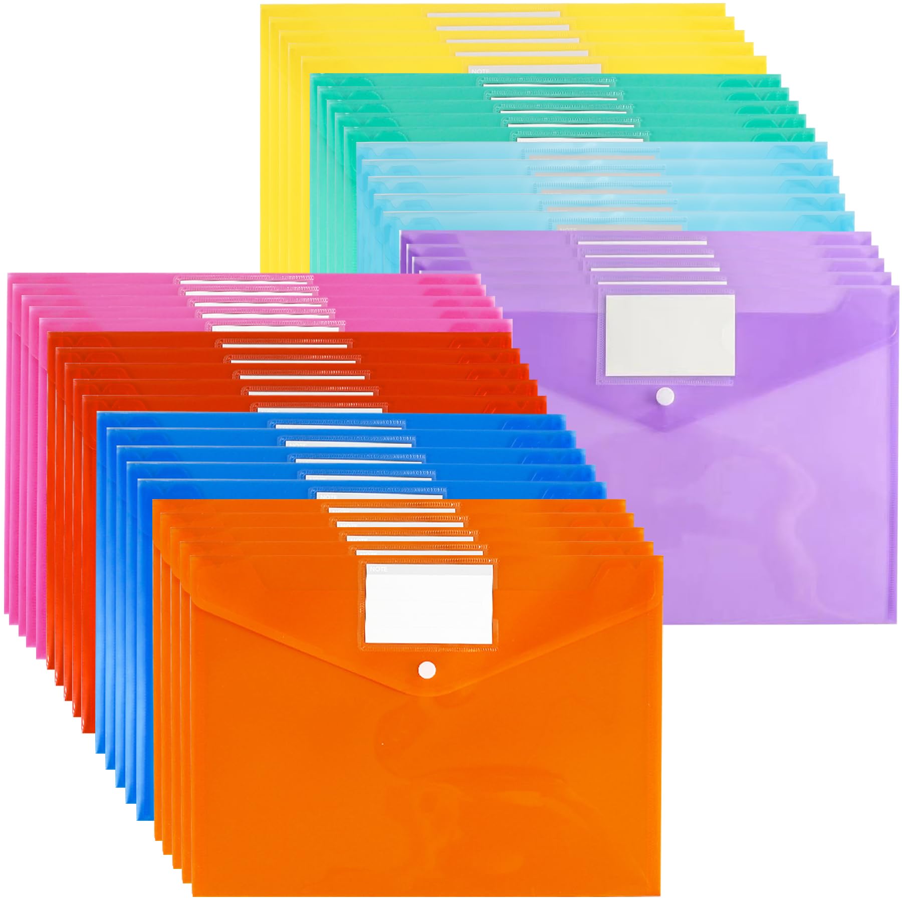 Plastic Wallets A4-32 Pack Plastic Folders Waterproof Document Files Folder Clear Popper Wallet with Label Pocket and Button Closure for Home, Travel and Office, 8 Assorted Colours